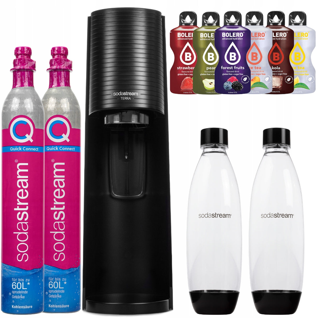 SATURATOR SODASTREAM TERRA BLACK 2 BUTELKI + 2 NABOJE CYLINDRY + DODATKI(440 ml/SATURATOR SODASTREAM TERRA BLACK 2 BUTELKI + 2 NABOJE CYLINDRY + DODATKI)
